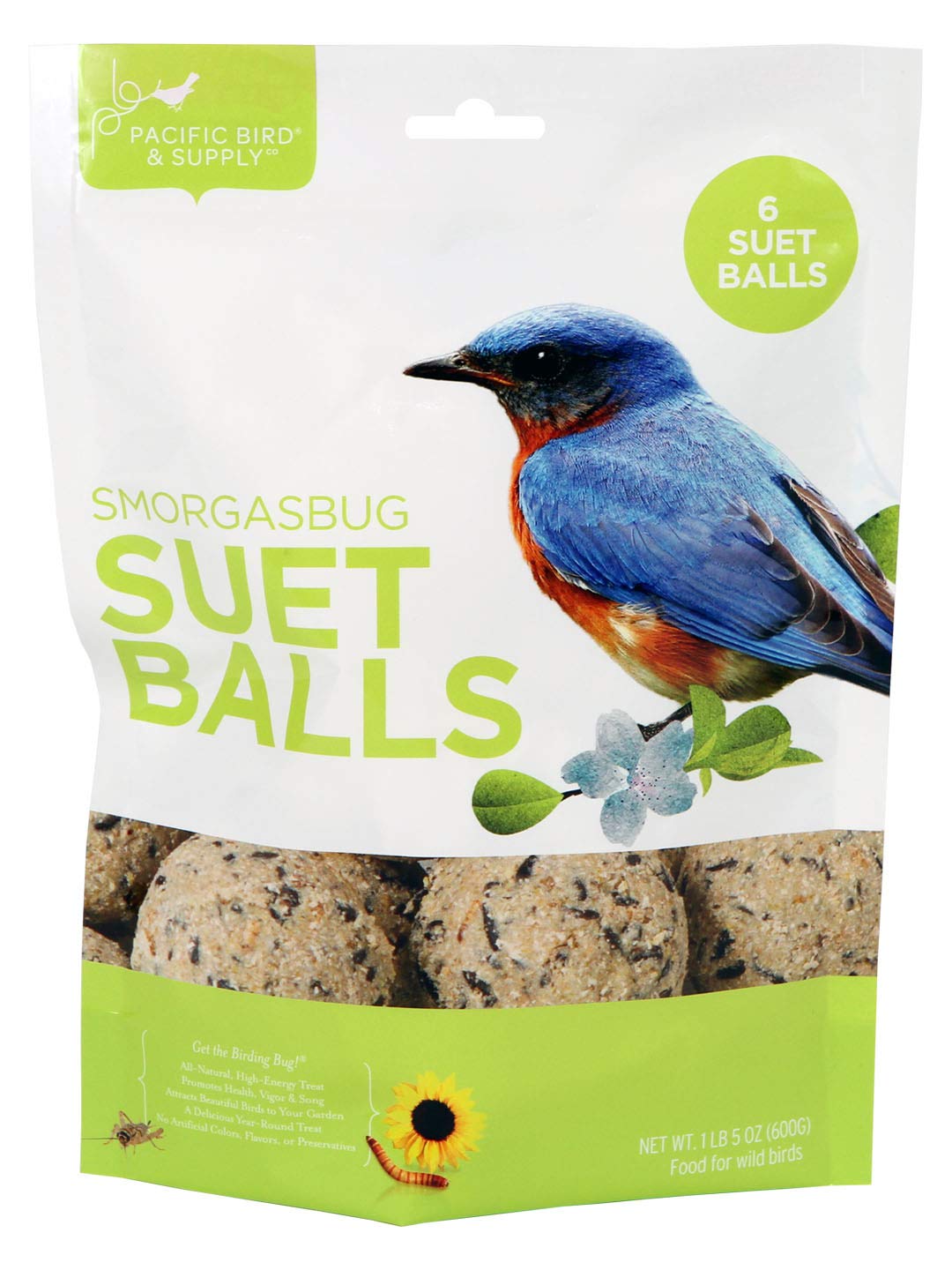 PB Pacific Bird and Supply Co. Smorgasbug suet balls in feeder attract insect-loving birds.
