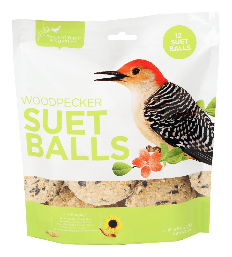 Pacific Bird woodpecker suet ball 12-pack attracts energetic woodpeckers.