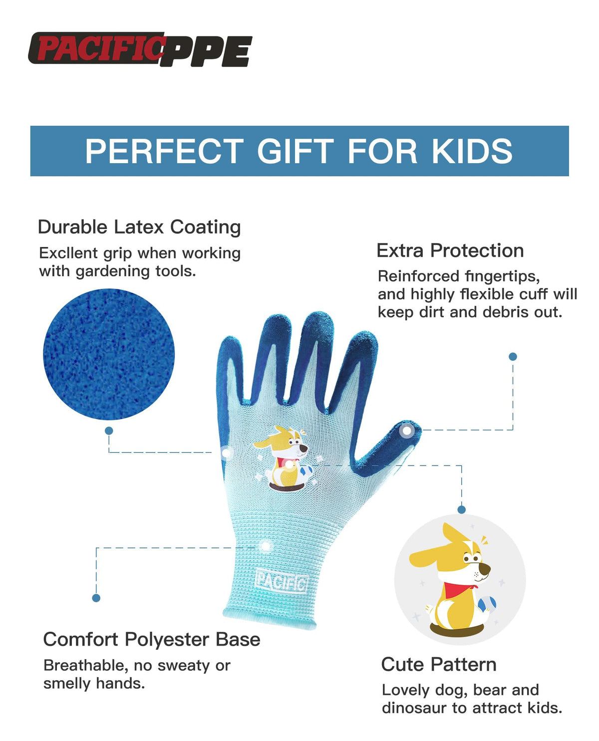 Pacific PPE kids gardening gloves coated closeup showing durable latex coating for small hands.