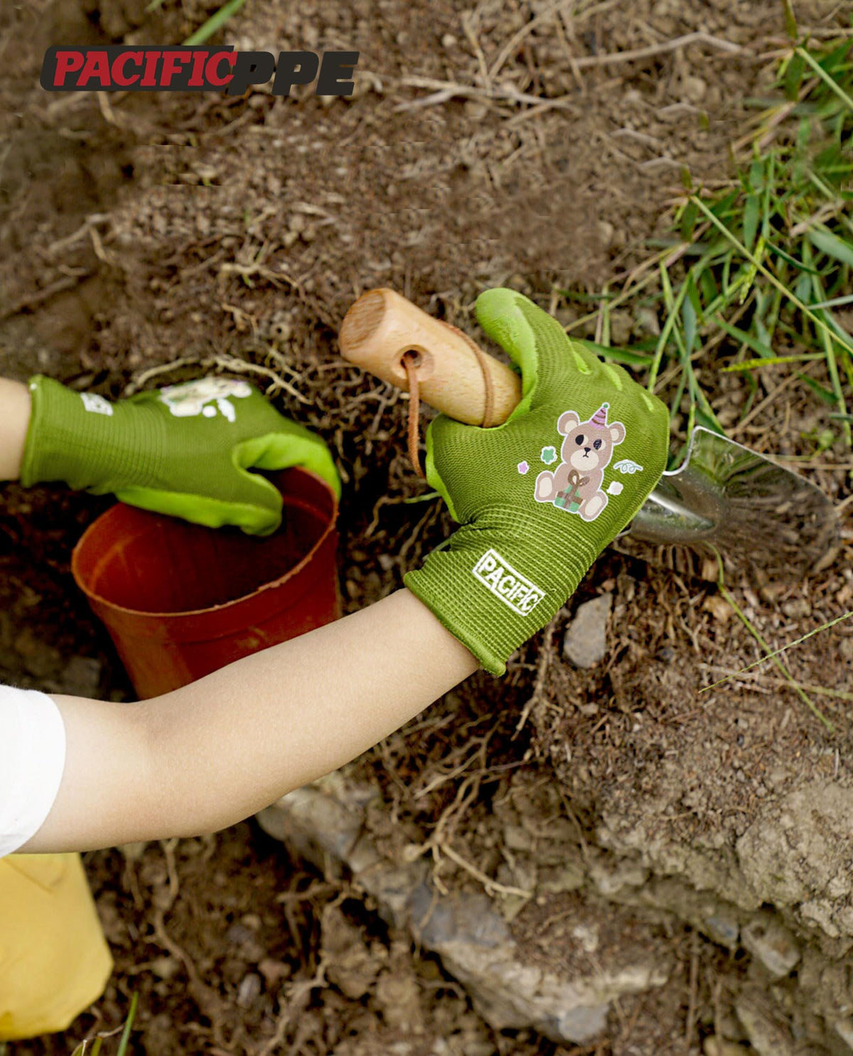 Pacific PPE kids gardening gloves dexterity shot highlighting tactile feel for tiny tasks.