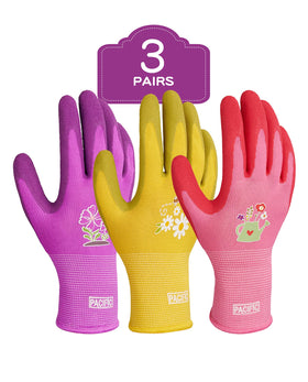 PACIFIC PPE womens gardening gloves with rubber-coated palms for secure grip in wet soil.
