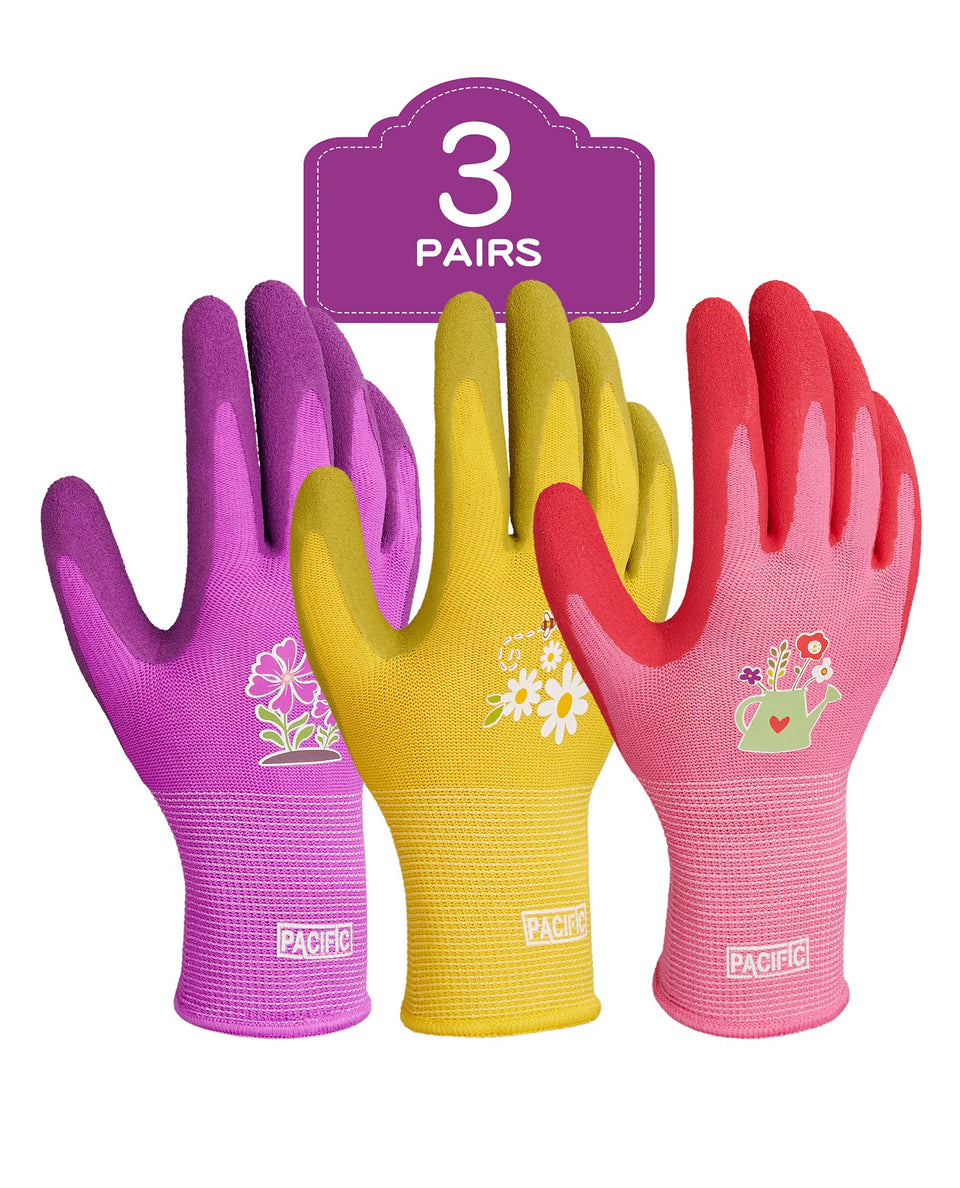 PACIFIC PPE womens gardening gloves with rubber-coated palms for secure grip in wet soil.