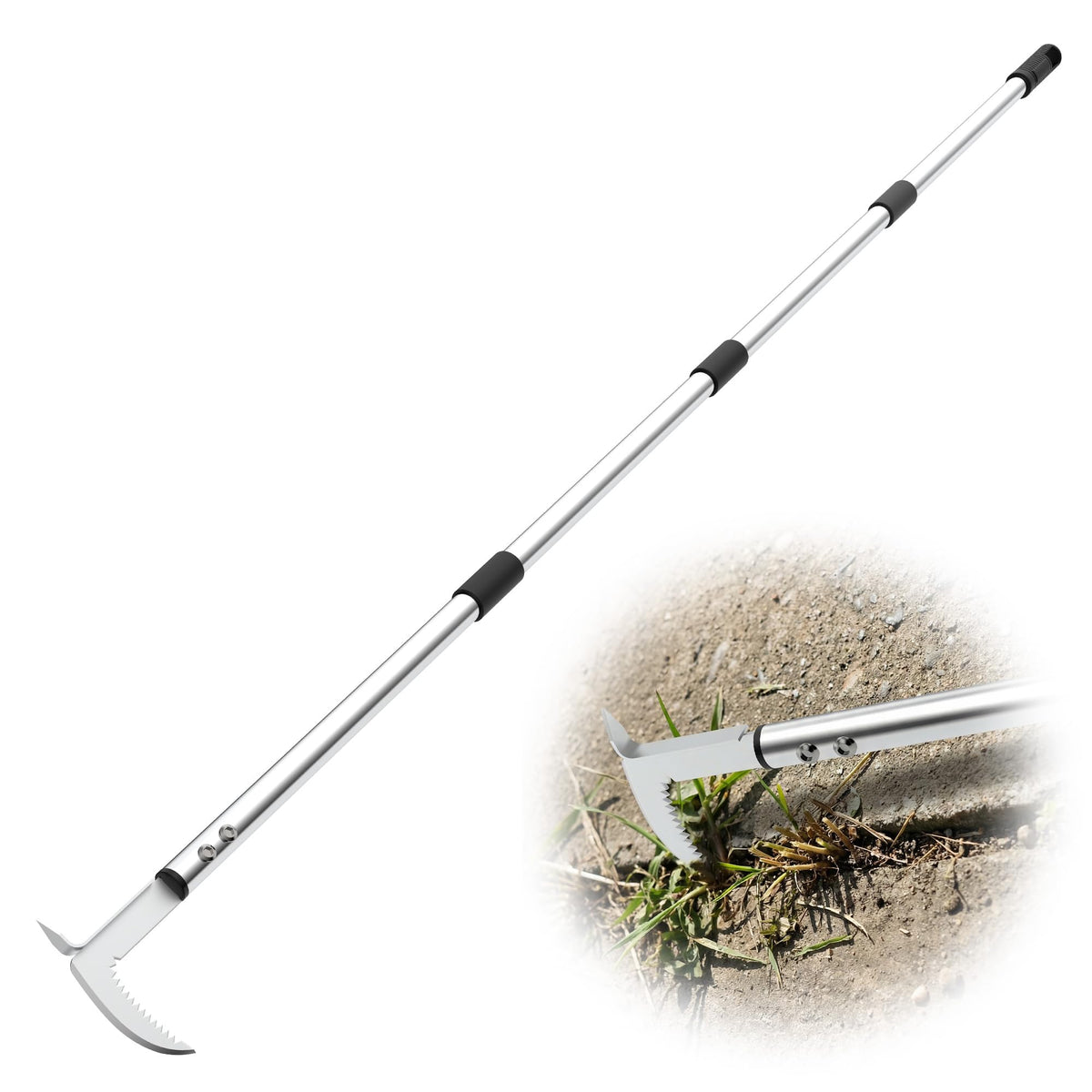 PadPure crack weeder tool blade close-up demonstrates sharp edge for root removal.