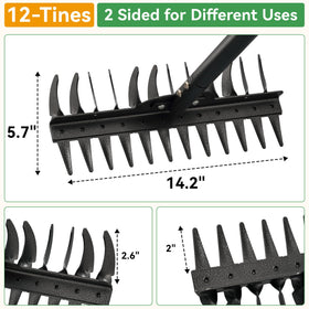 PadPure garden rake tines in action for breaking clumps and smoothing soil