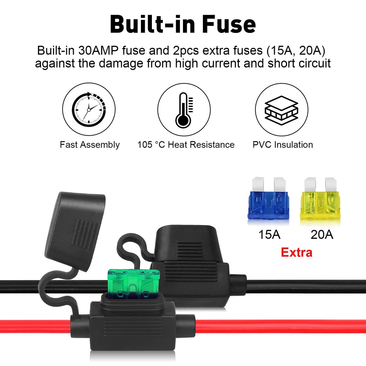 PAEKQ built-in 30A fuse cable showing protection during operation