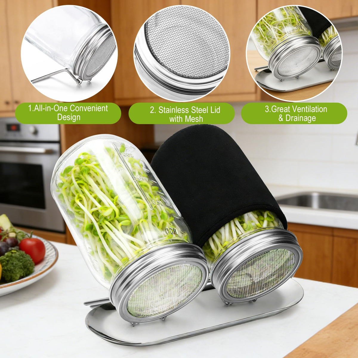 Palksky mesh sprouting lid provides excellent ventilation for faster sprouts.