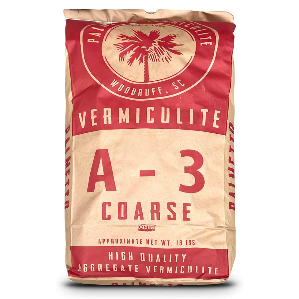Palmetto vermiculite coarse A-3 bag close-up shows light, airy texture ideal for soil aeration.