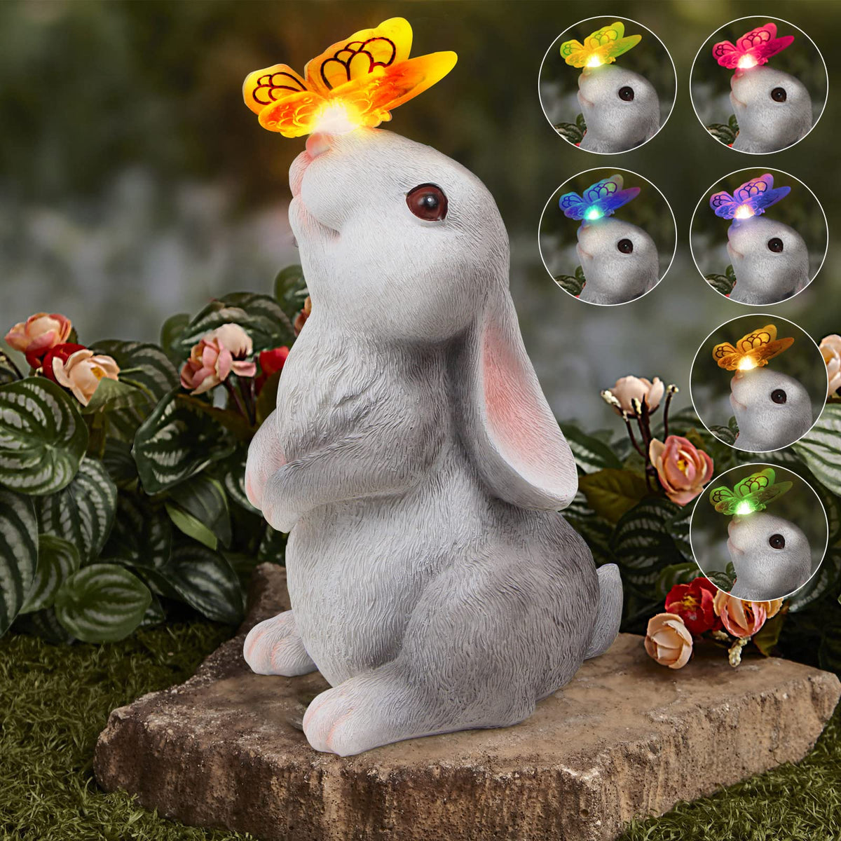 PaLuQiYa rabbit garden statue with solar butterfly lights for outdoor charm.