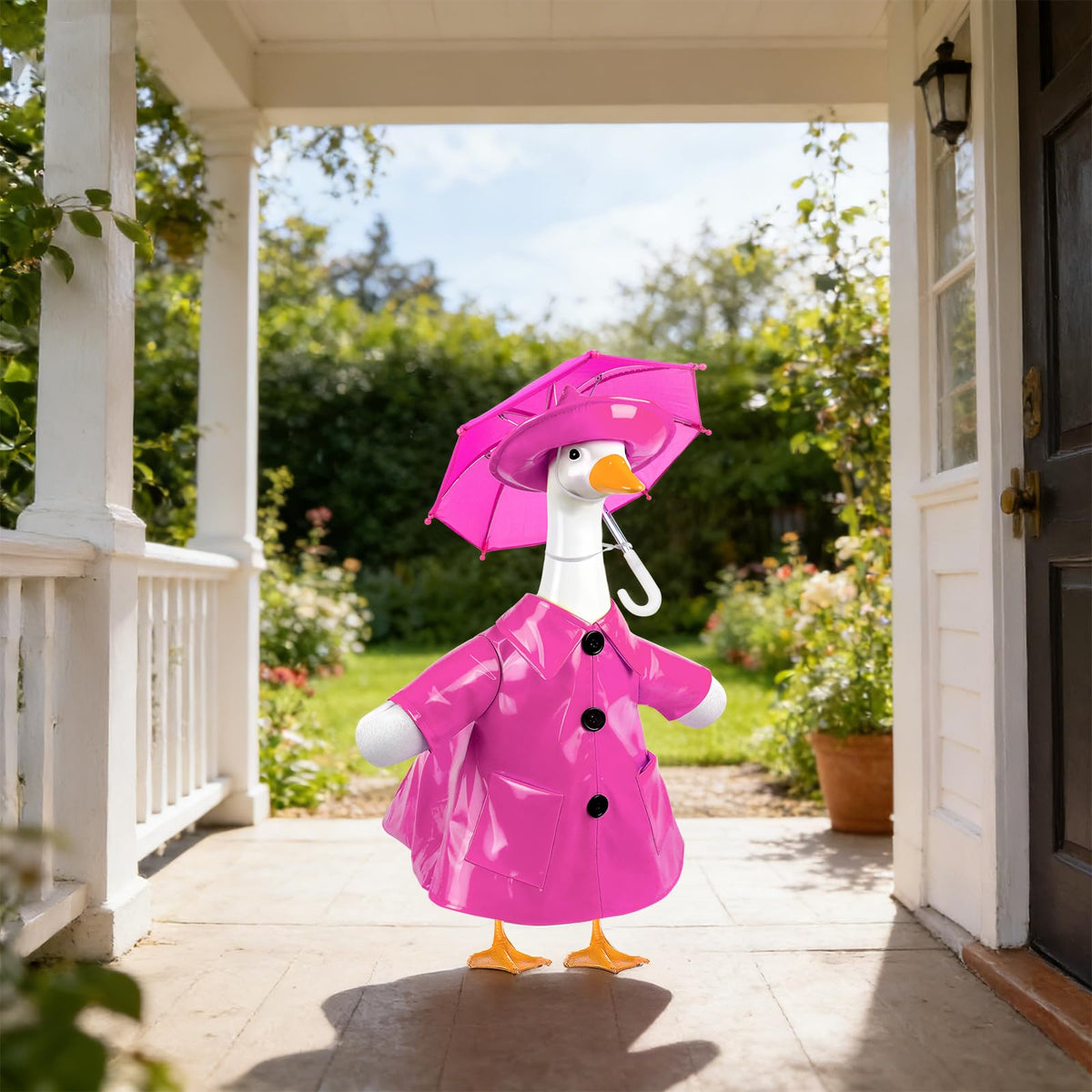 Paluqiya goose outfit pink hat with elastic strap on statue, secure and stylish.