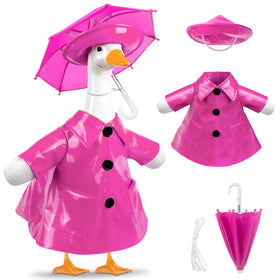 Paluqiya goose outfit pink raincoat on lawn statue, adds playful curb appeal outdoors.