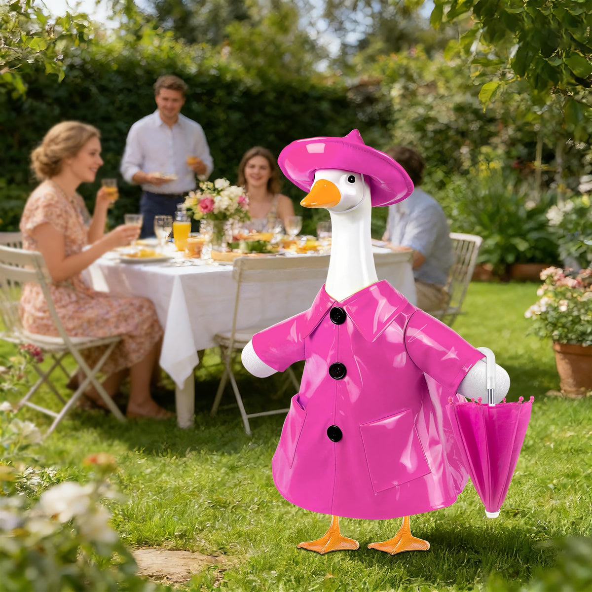 Paluqiya PU-material raincoat and hat on lawn goose, weather-resistant decor.