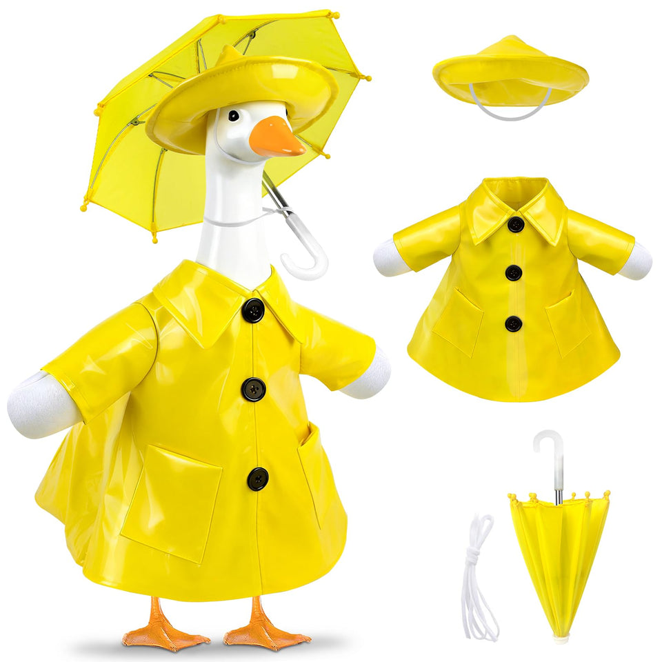 PaLuQiYa raincoat on a goose statue for weather-ready outdoor decor.