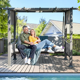 Pamapic 3-seat porch swing with stand in gray, roomy outdoor seating for gatherings.