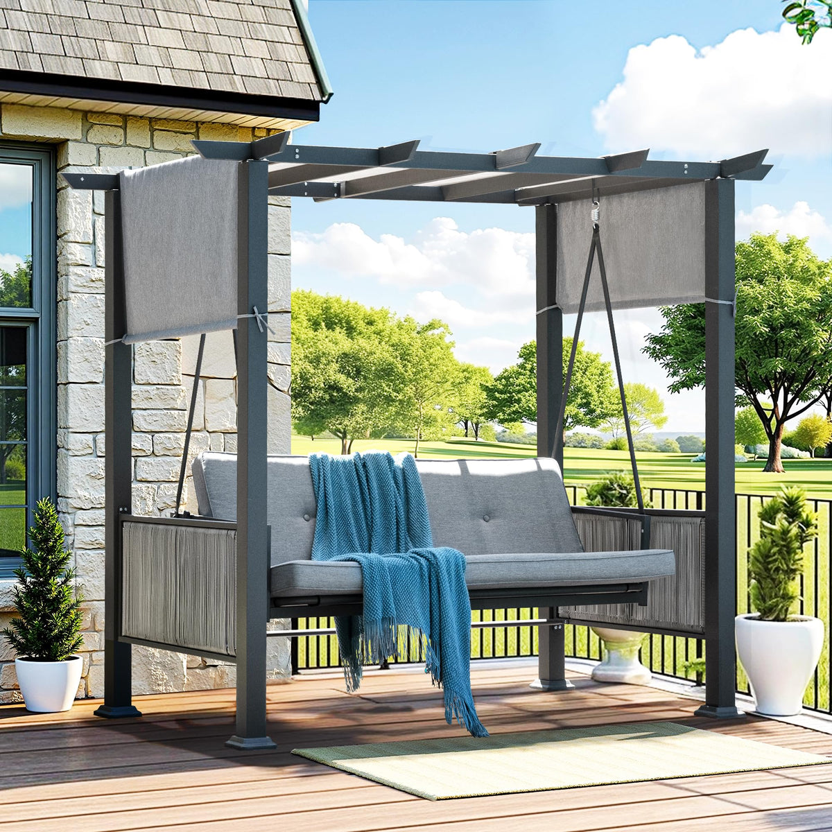 Pamapic outdoor lounge ambiance created by a versatile porch swing.