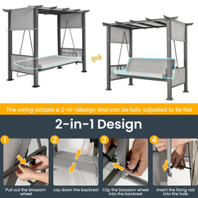 Pamapic patio swing canopy adjustable gray shields sun while relaxing.