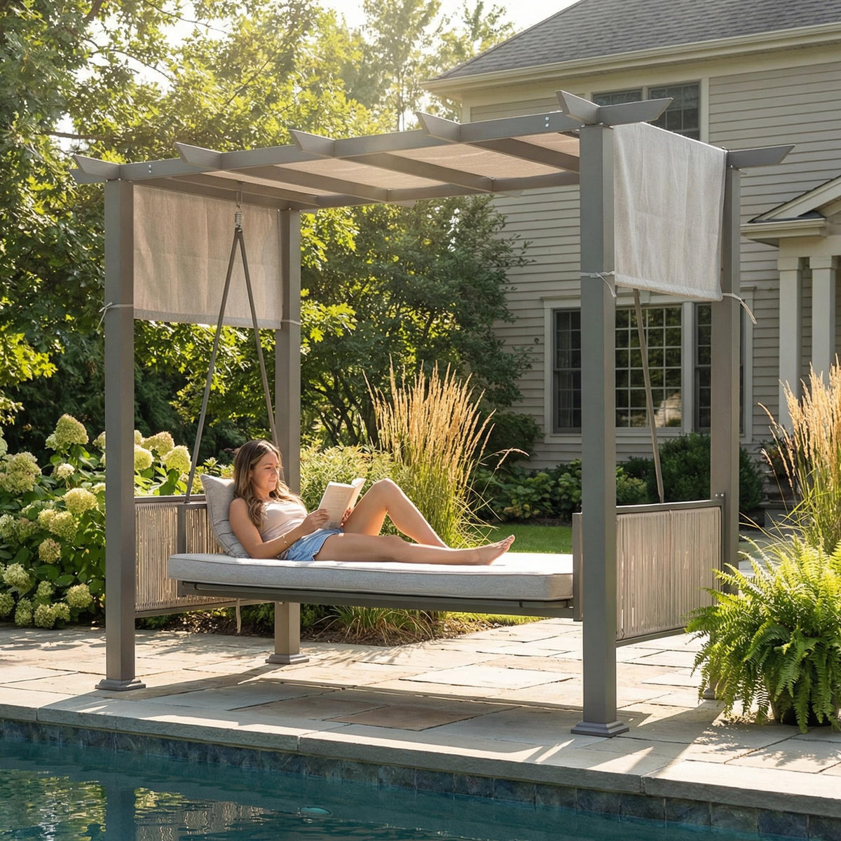 Pamapic swing bed convertible stand shown for lounging in sun.