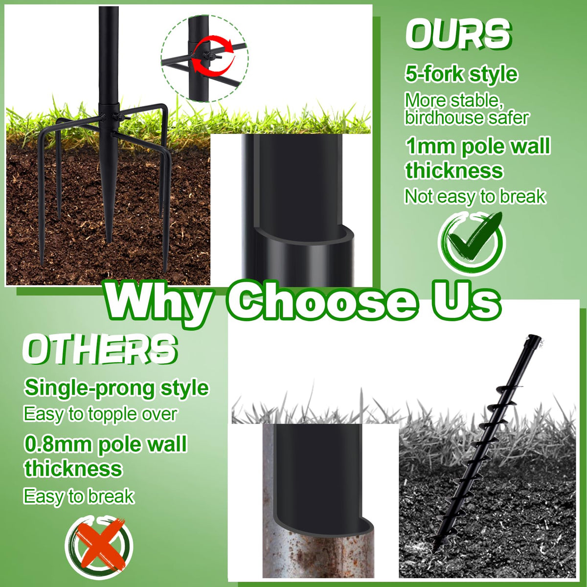 PAMASE 5-prong base securely anchors in soil for windy outdoor stability.