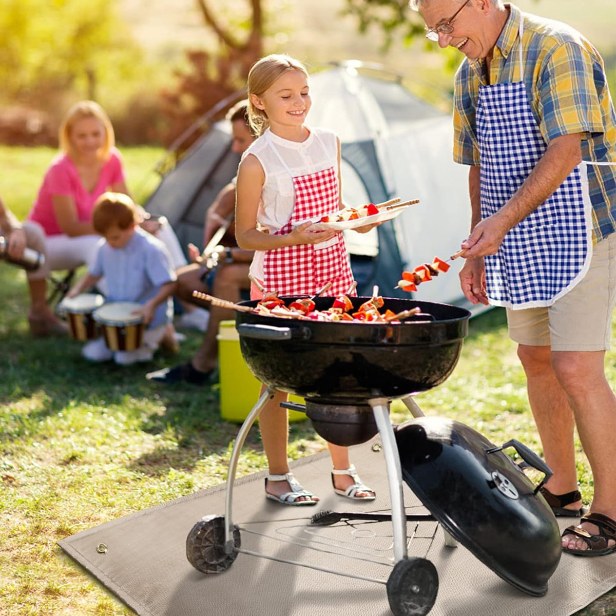 PAMASE Fire Pit Mat features corner holes to secure outdoors.