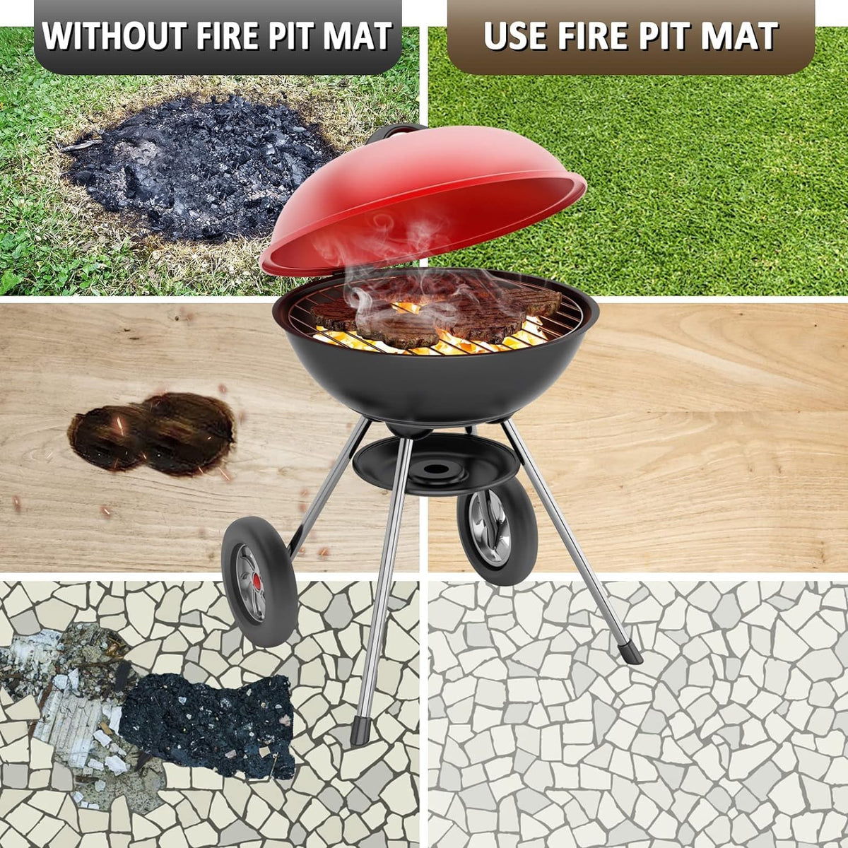 PAMASE Fire Pit Mat on lawn guards grass and prevents scorching.