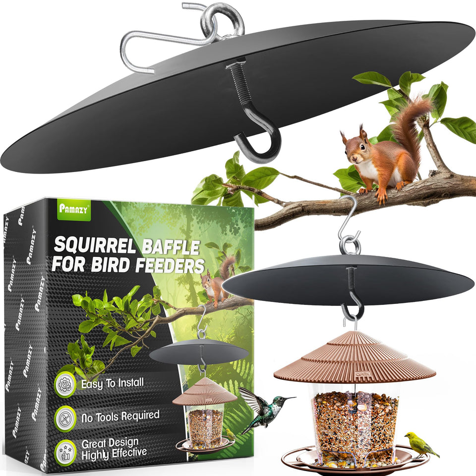 PAMAZY 16-inch squirrel baffle guard shielding feeders from pests and weather.