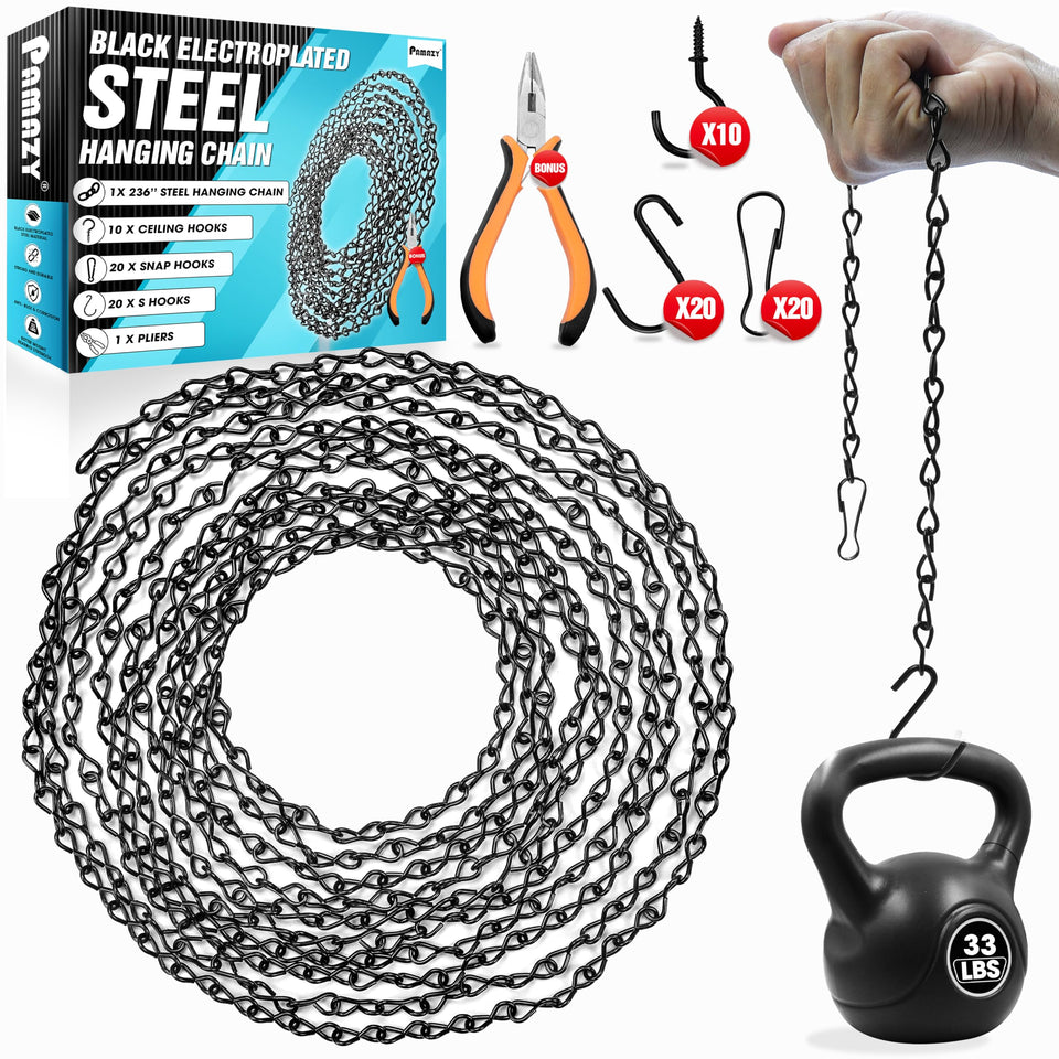 Pamazy 236-inch black electroplated chain for versatile indoor and outdoor hanging.