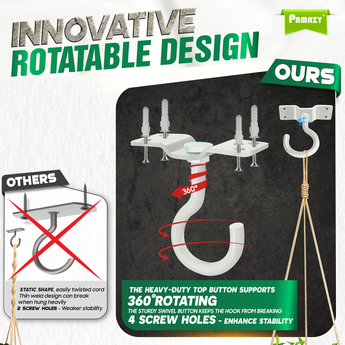 PAMAZY 360-degree rotation hook enables versatile hanging from any angle.