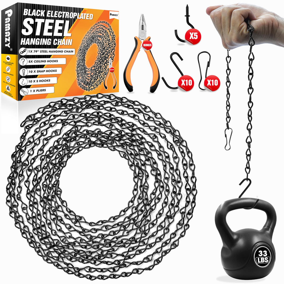 PAMAZY 79-inch black electroplated hanging chain — durable finish for versatile indoor or outdoor use.