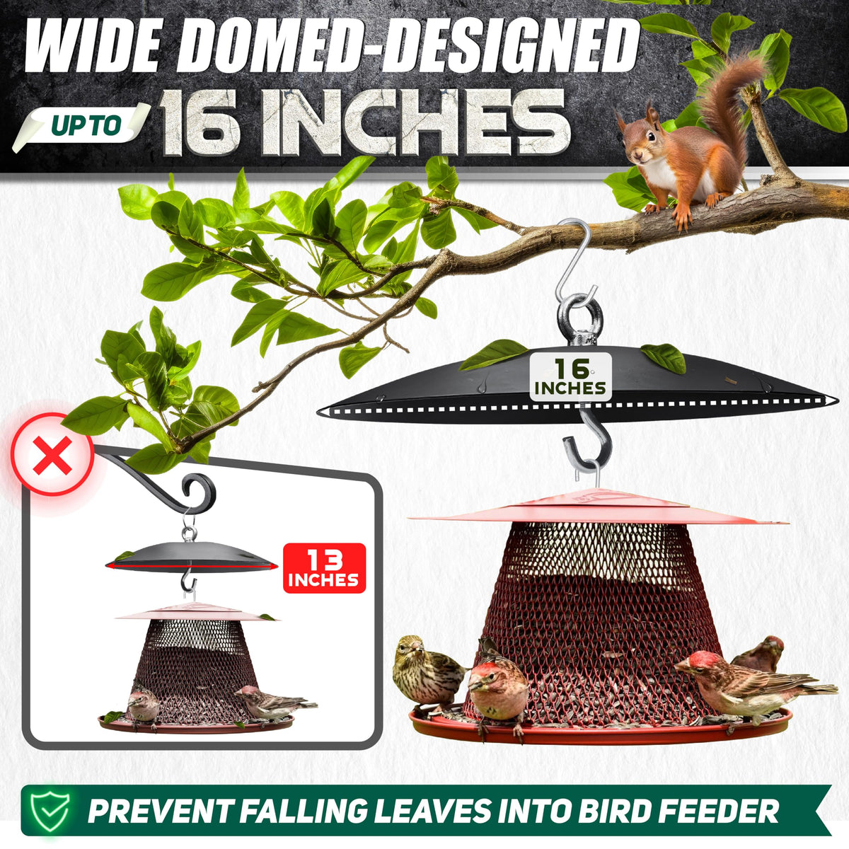 PAMAZY all-weather rain guard protects feeders during snow and sun.