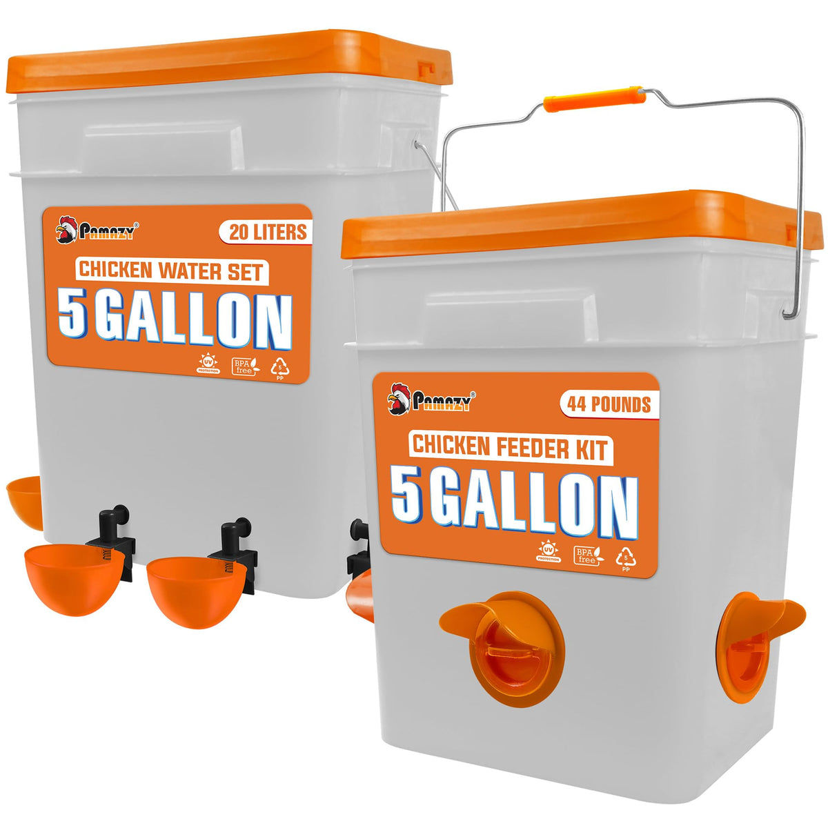 Pamazy automatic feeder waterer set with two 5-gallon buckets keeps poultry fed and hydrated