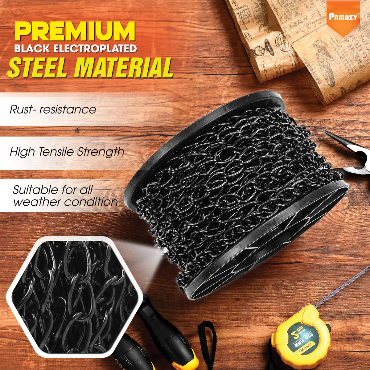 PAMAZY black electroplated steel chain shows rust-resistant surface.