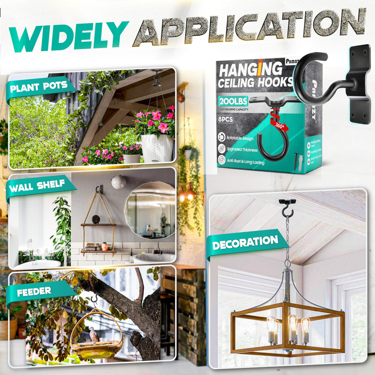 PAMAZY easy-install ceiling hook kit simplifies mounting on various surfaces.