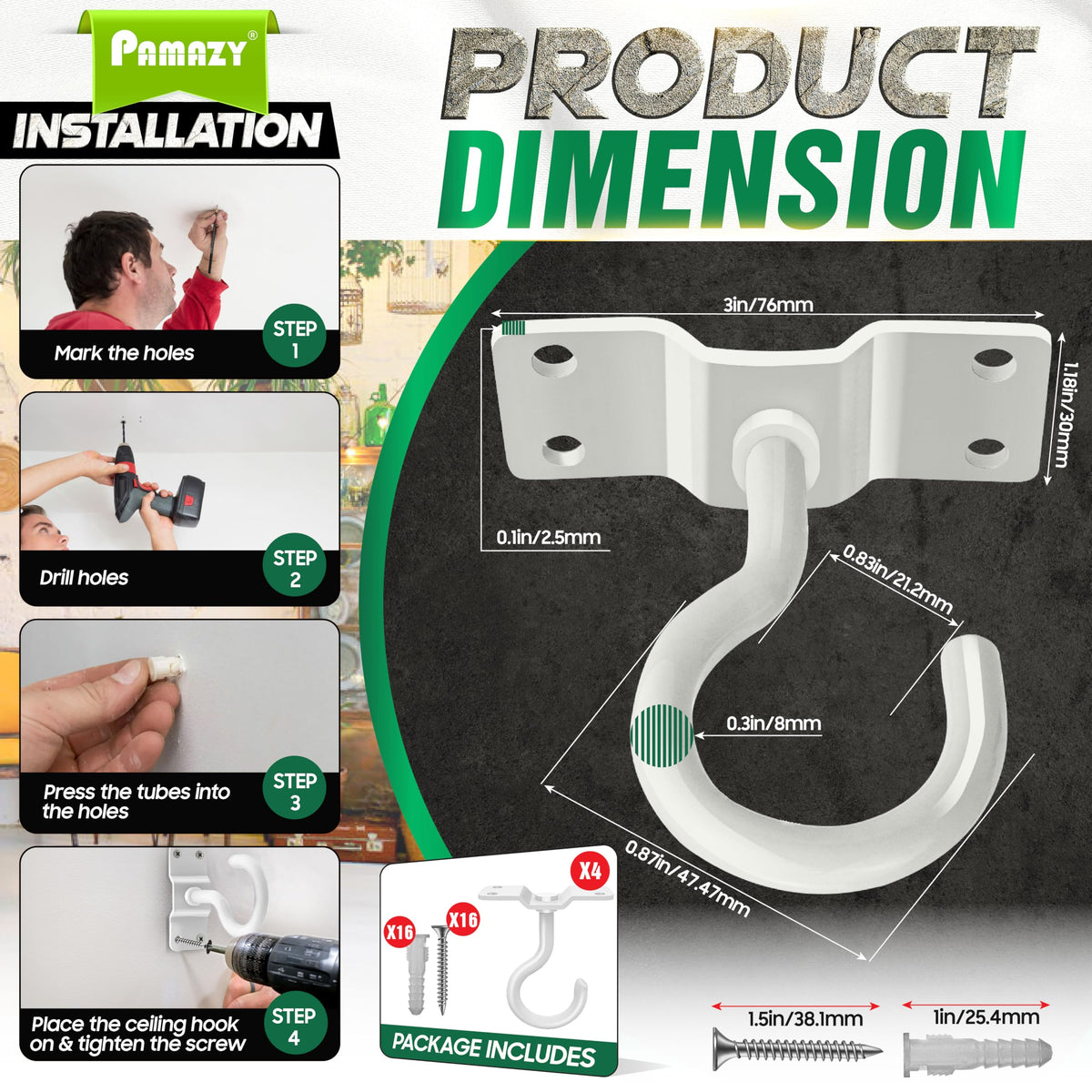 PAMAZY easy-install ceiling hook with expansion screws for quick setup.