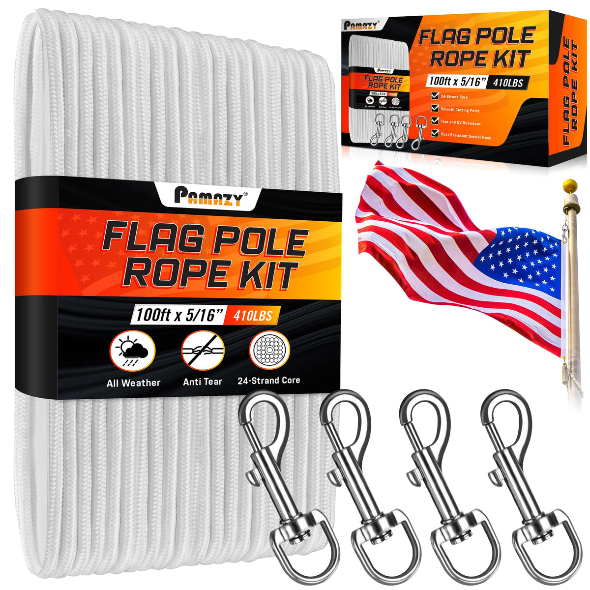 PAMAZY flagpole rope 100ft showing rugged 5/16 inch diameter for outdoor flags.