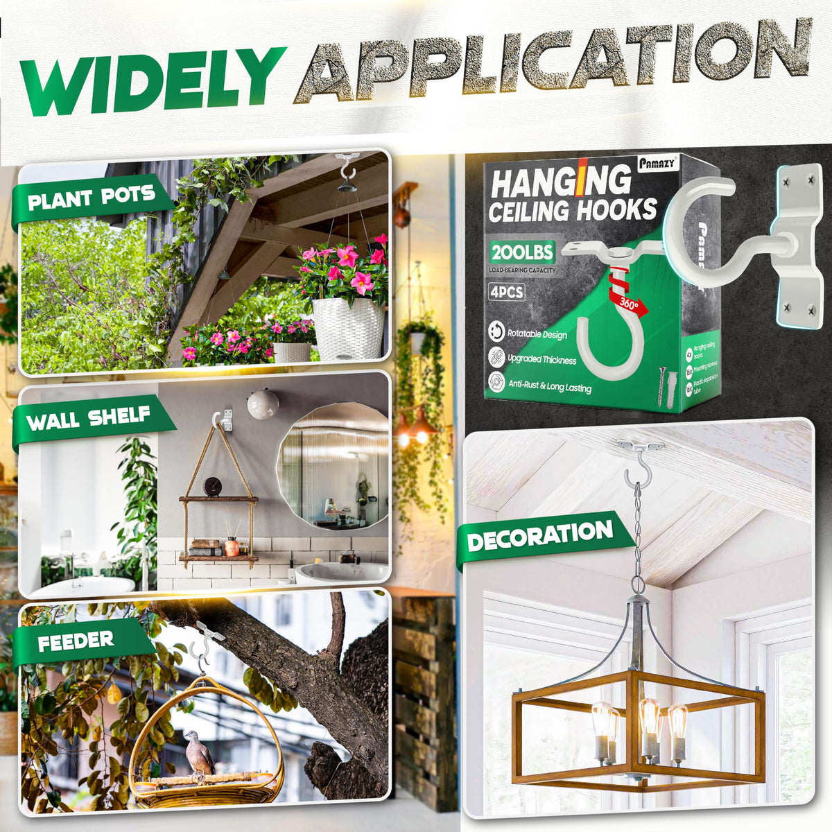 PAMAZY package includes four hooks with screws and expansion tubes.