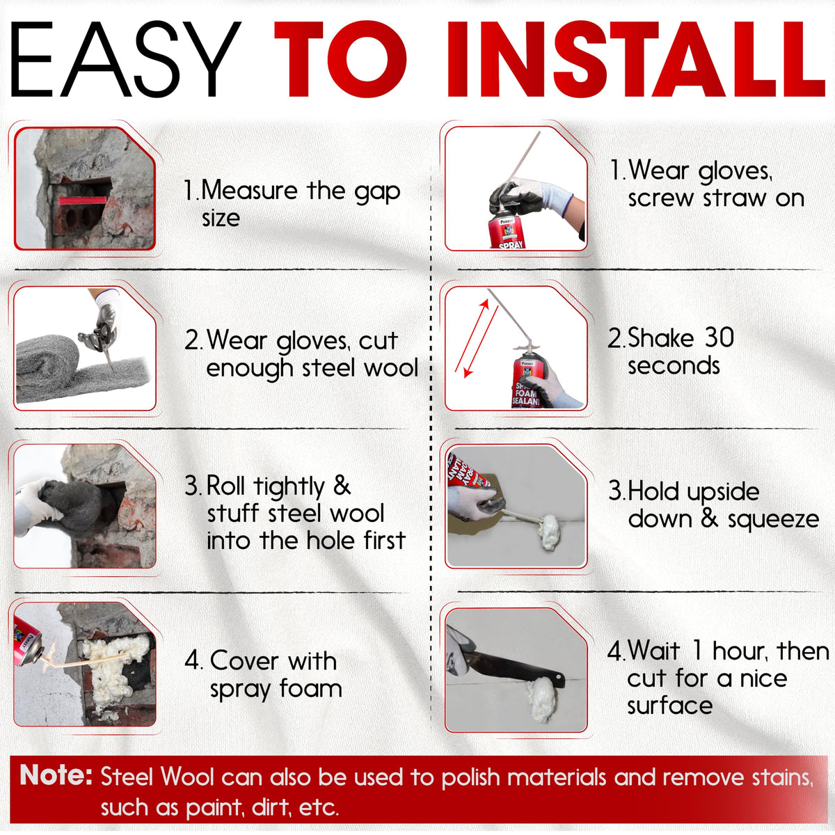 PAMAZY Rodent Barrier Kit foam expansion covers large holes effectively.