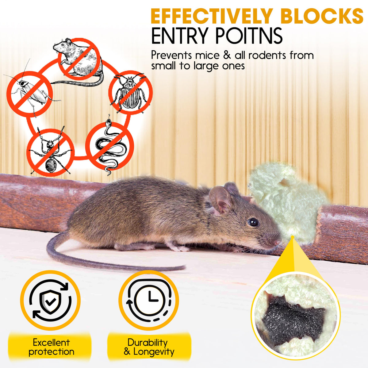 PAMAZY Rodent Barrier Kit foam-sealed gap shows complete barrier for mid-size holes.