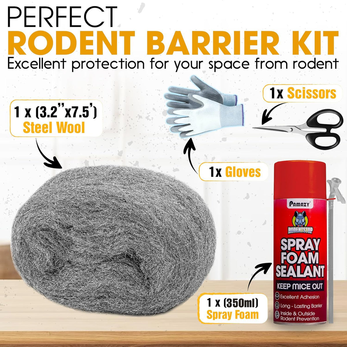 PAMAZY Rodent Barrier Kit gloves and scissors ready for easy, precise gap filling.