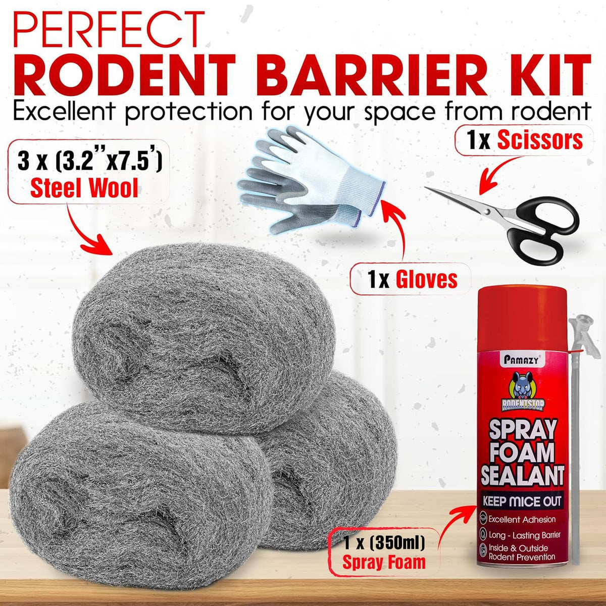 PAMAZY Rodent Barrier Kit gloves and scissors highlight easy DIY installation.