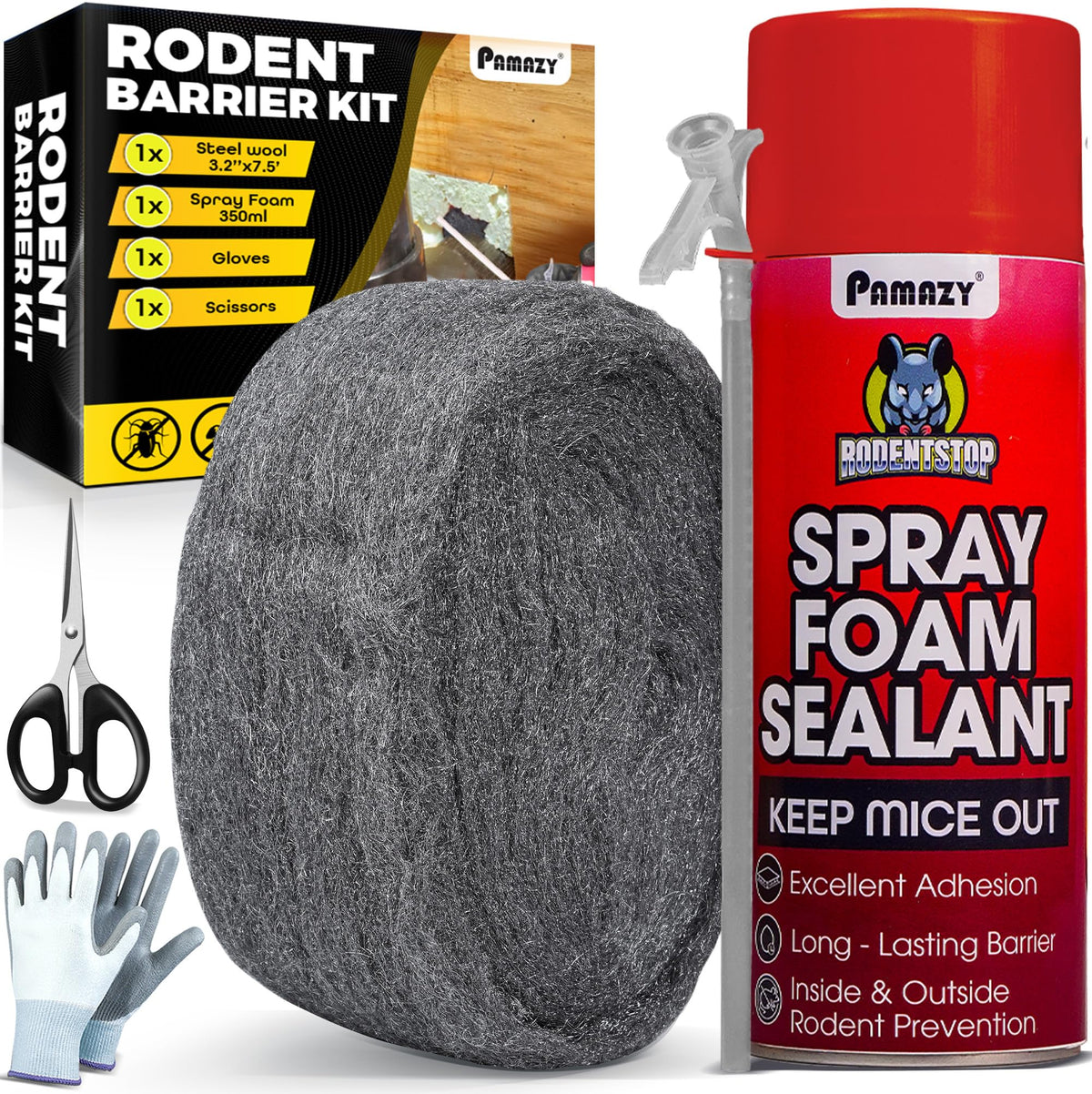 PAMAZY Rodent Barrier Kit close-up shows durable steel wool barrier against pests.