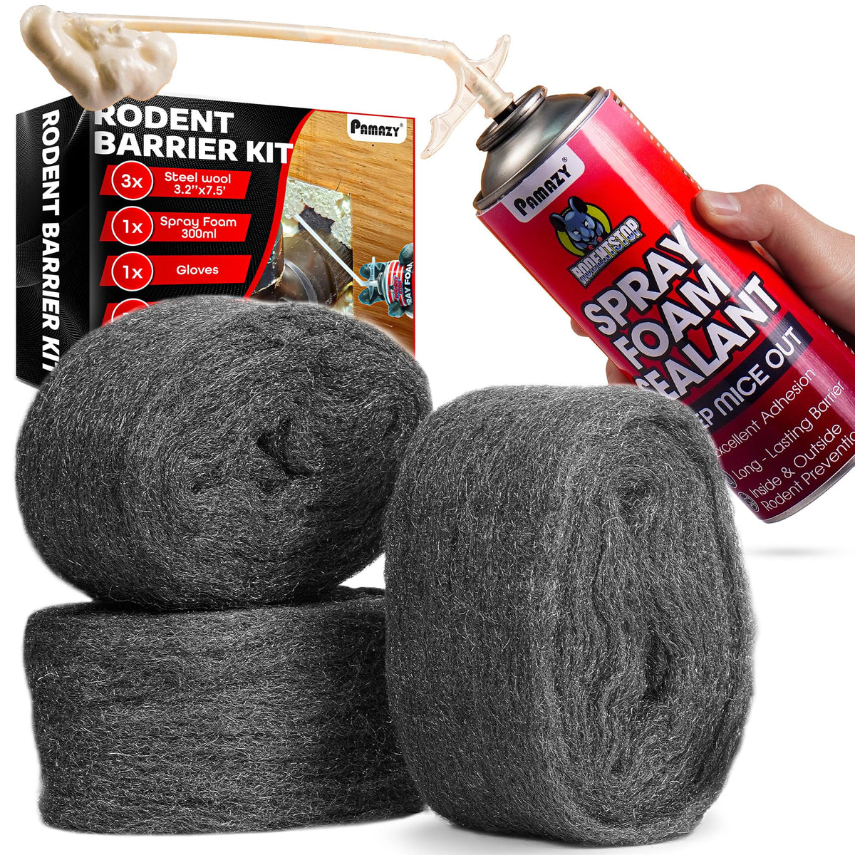 PAMAZY Rodent Barrier Kit steel wool closeup shows dense fibers blocking entry points.