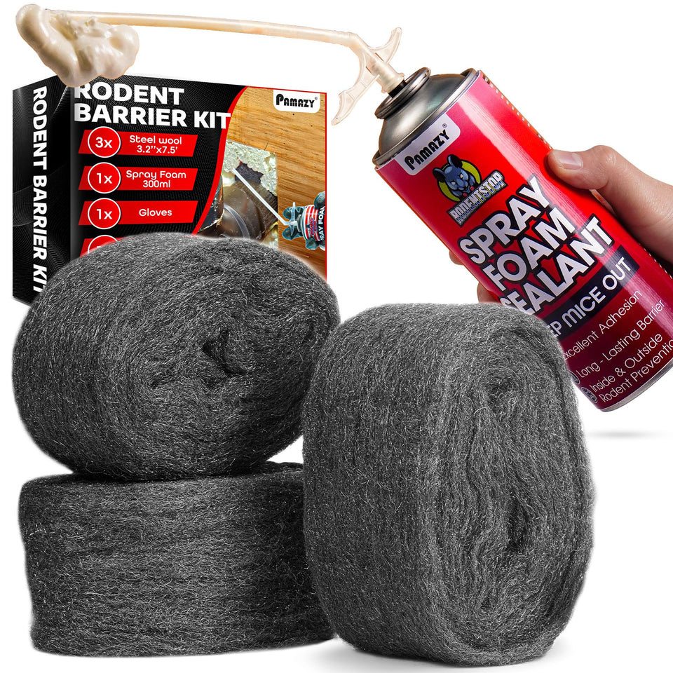PAMAZY Rodent Barrier Kit steel wool closeup shows dense fibers blocking entry points.