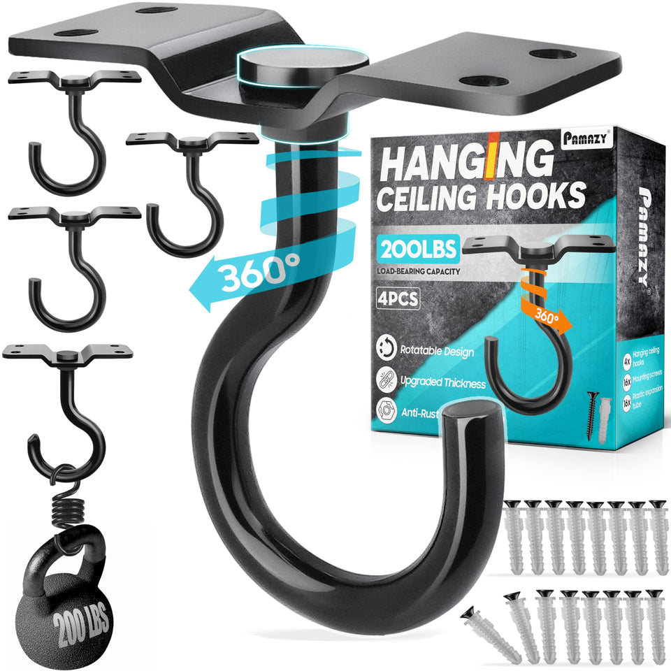 PAMAZY rotatable ceiling hook with 200 lbs capacity for versatile hanging indoors and outdoors.