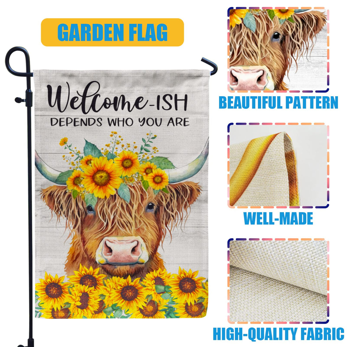 PAMBO Highland cow illustration flag adds rustic warmth at garden entrances.