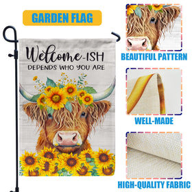 PAMBO Highland cow illustration flag adds rustic warmth at garden entrances.