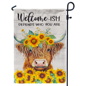 PAMBO Spring Highland Cow Garden Flag with sunflowers adds welcoming charm to your outdoor space.