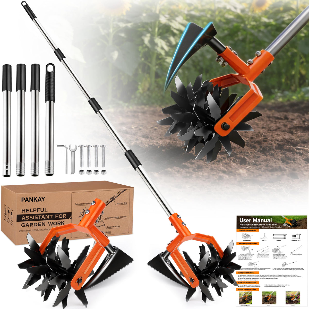 Pankay Rotary Hand Tiller with front weeding blades eases soil prep.
