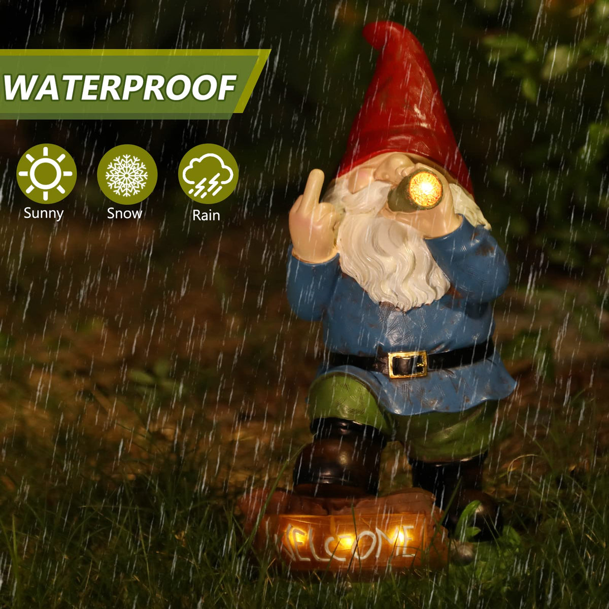Panven Gnomes Garden Decor Solar LED Gnome lights up at dusk for ambience.