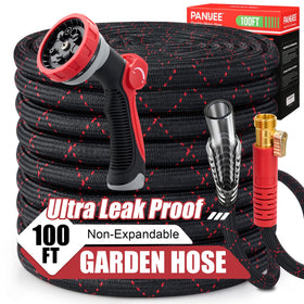 PANYEE 100FT garden hose coiled for storage and easy handling.