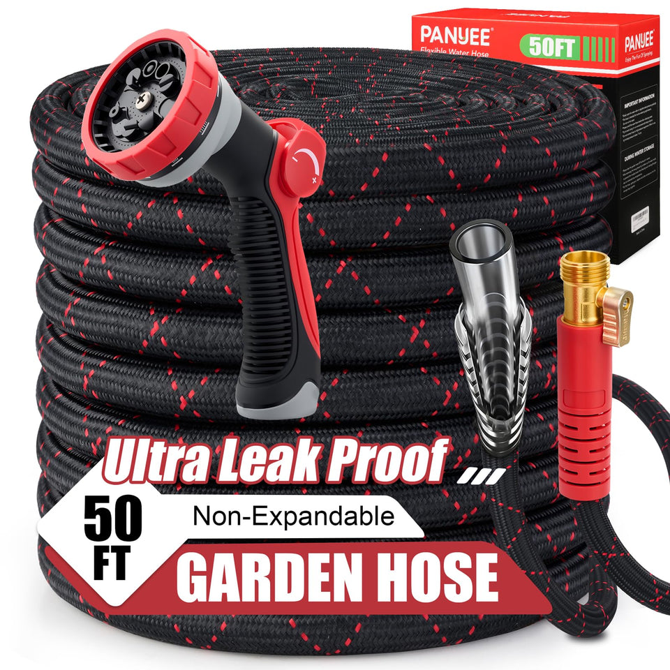PANYEE 50ft garden hose non-expandable showing steady water flow and length stability for efficient watering