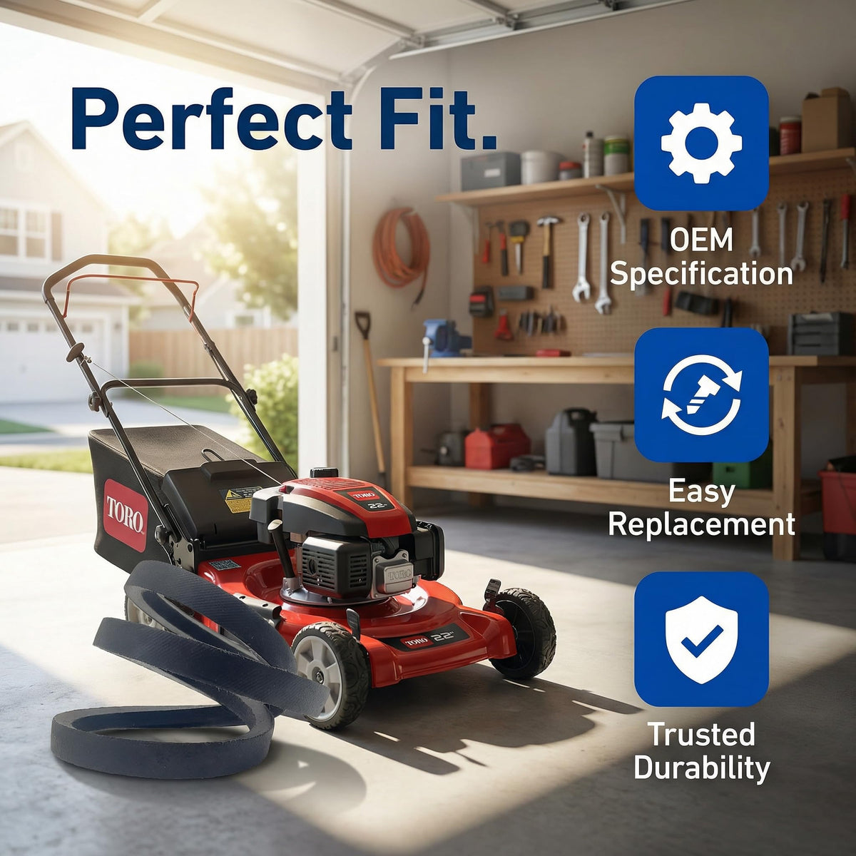 PAOSDKSUI belt installed on Toro 20330 demonstrates proper fit.